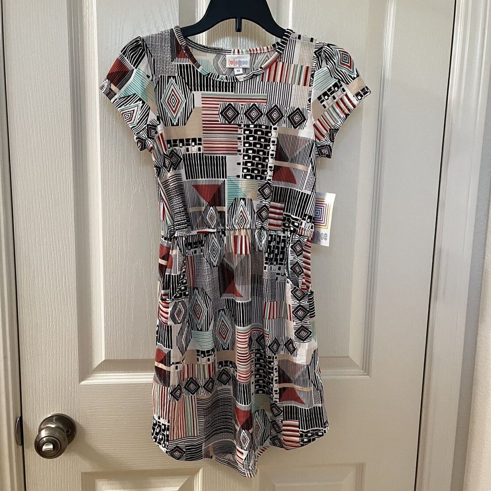 Lularoe Mae Dress Geometric Shapes Striped Print Girls Size 10 NWT
